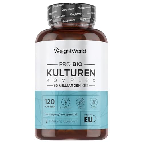Pro Bio Kulturen Komplex - 60 Milliarden KBE pro Portion - Mit 20 Bakterienstämmen, Bio Inulin, FOS - 120 Kapseln - 2 Monate Vorrat - Mit Lactobacillus Reuteri & Bifidobacterium Infantis - WeightWorld