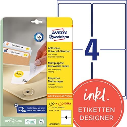 AVERY Zweckform L4733REV-25 Universal Etiketten (100 plus 20 Klebeetiketten extra, 99,1x139mm auf A4, wieder rückstandsfrei ablösbar/abziehbar, bedruckbar, selbstklebende Aufkleber) 30 Blatt, weiß