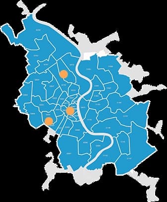 Stadtplan von Köln in blauer Farbmarkierung mit weißer Umrandung der Stadtteile, drei orangefarbene Punkte heben die Standorte hervor.