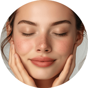 Gesicht einer glücklichen und entspannten Frau die mit Ihrer Haut zufrieden ist nachdem Sie eine dermatologischen und ästhetischen Behandlung in einer Hautarztpraxis erhalten hat – umfassende Hautdiagnostik, moderne Behandlungsmethoden und ästhetische Verfahren für eine gesunde und strahlende Haut.