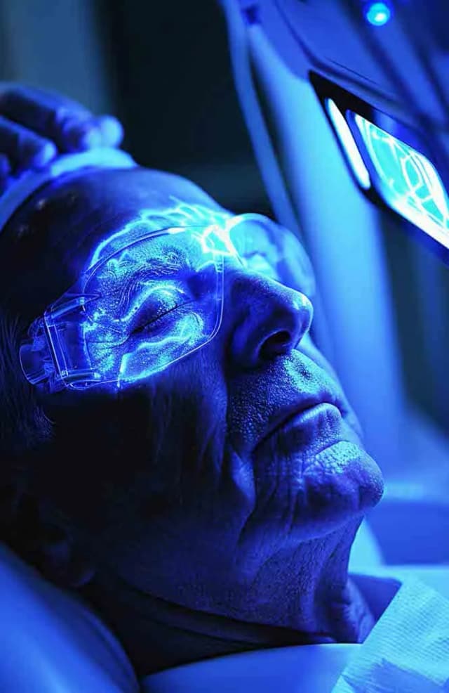 Älterer Mann mit Schutzbrille unter blauem Licht während einer medizinischen Behandlung